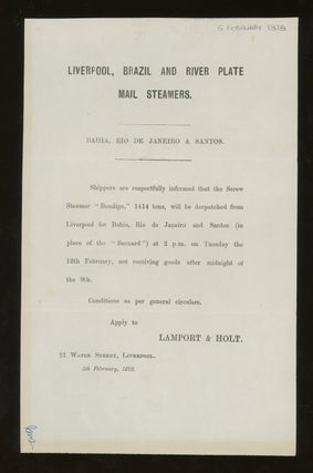 Item #z015734 Lamport and Holt Sailing Notice for the Screw Steamer "Bendigo" From Liverpool to...