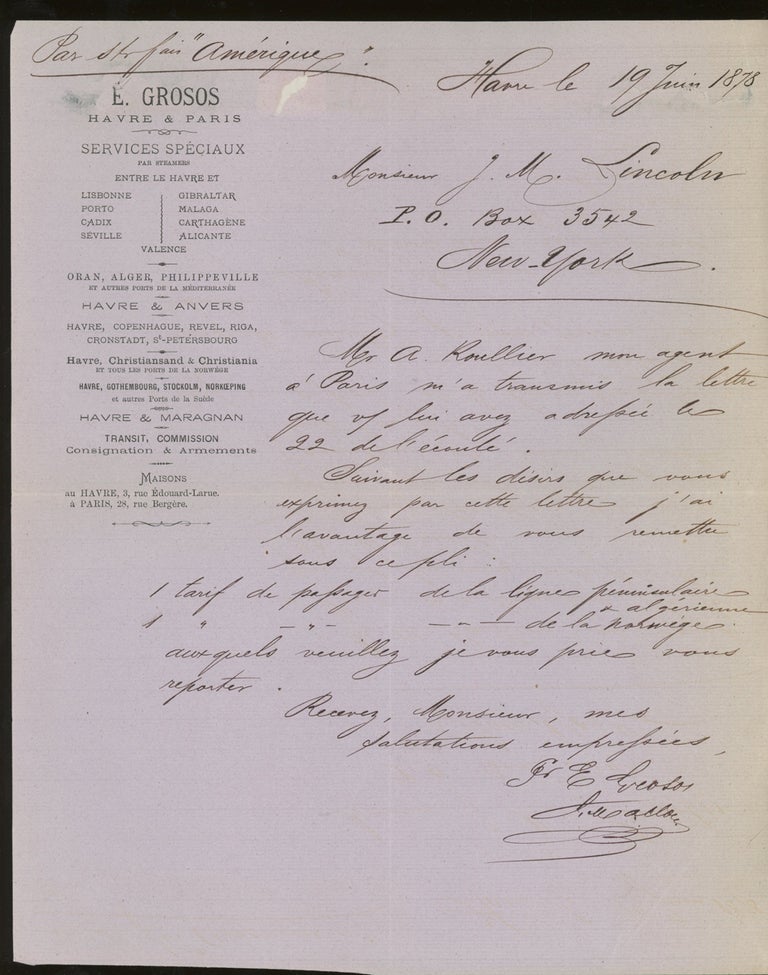 Item #z015740 Letter of Transmittal on E. Grosos Steamship Line Letterhead, Addressed to James M. Lincoln of the Pacific Mail Steamship Co. 1878. E. Grosos Steamship Line.