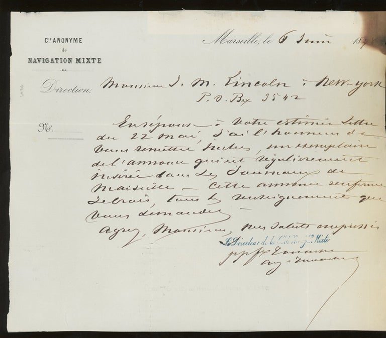 Item #z015742 Letter of Transmittal on Compagnie De Navigation Mixte Letterhead, Addressed to James M. Lincoln of the Pacific Mail Steamship Co. 1878. Compagnie De Navigation Mixte.
