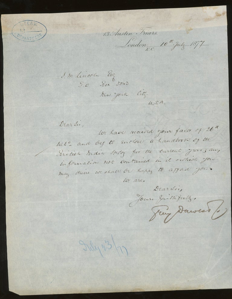 Item #z015745 Letter of Transmittal From The Britsh India Steam Navigation Company, Addressed to James M. Lincoln of the Pacific Mail Steamship Co. 1877. Britsh India Steam Navigation Company.