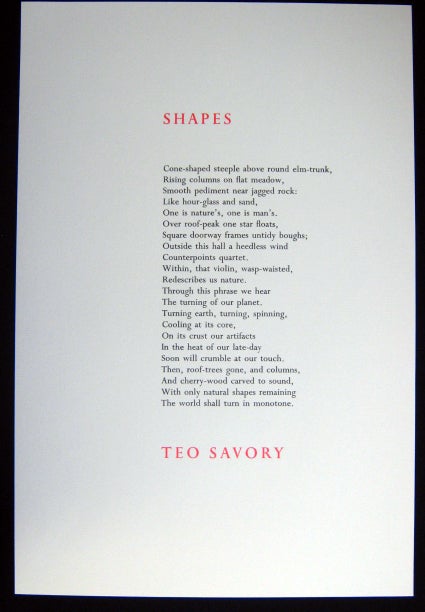 Item #z03730 SHAPES (Broadside from Unicorn Press Series One Number Three). Teo Savory.