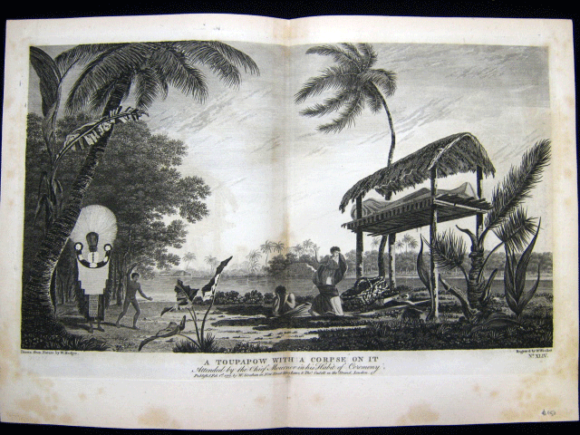 Item #z03934 A Toupapow with a corpse on it Attended by the Chief Mourner in his Habit of Ceremony: Original plate from Cook's 'Voyage Towards the South Pole and Round the World' [vol. 1, plate XLIV]. W. Hodges, James Cook.