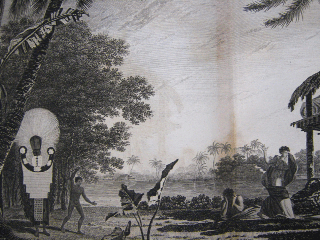 A Toupapow with a corpse on it Attended by the Chief Mourner in his Habit of Ceremony: Original plate from Cook's 'Voyage Towards the South Pole and Round the World' [vol. 1, plate XLIV]