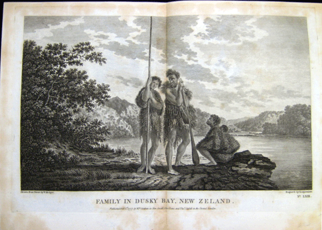 Item #z03935 Family in Dusky Bay, New Zealand: Original plate from Cook's 'Voyage Towards the South Pole and Round the World' [vol. 1, plate LXII]. W. Hodges, James Cook.