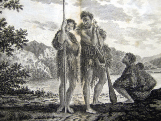 Family in Dusky Bay, New Zealand: Original plate from Cook's 'Voyage Towards the South Pole and Round the World' [vol. 1, plate LXII]
