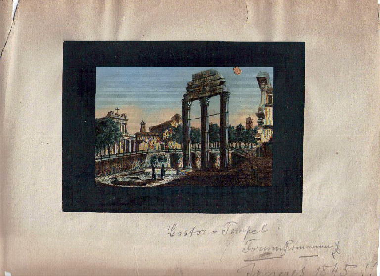 Item #z04094 Hand Colored Etching of Temple of Castor and Pollux / Tempio dei Dioscuri, Rome 1845. n/a.