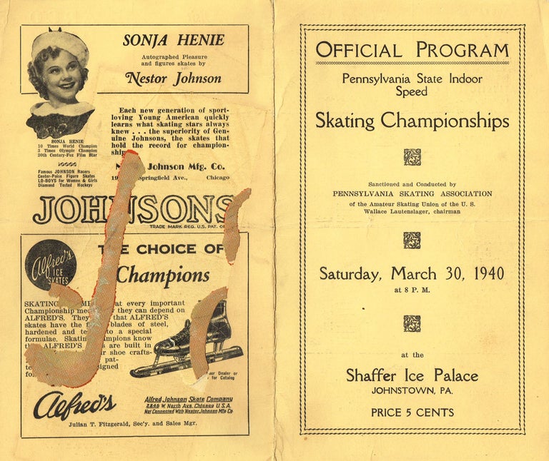 Item #z06418 Official Program: Pennsylvania State Indoor Speed Skating Championships... Saturday, March 30, 1940 at the Shaffer Ice Palace, Johnstown, PA. Pennsylvania Skating Association.