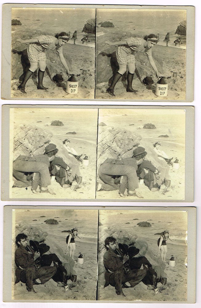 Item #z06674 Lot of 15 comedic stereographic cards showing two men spying on a woman at the shore, ca. 1920. n/a.