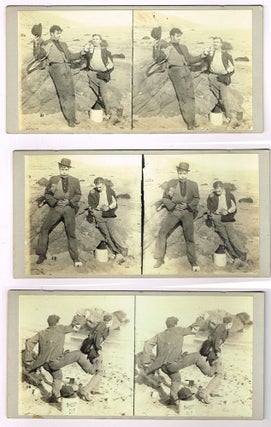 Lot of 15 comedic stereographic cards showing two men spying on a woman at the shore, ca. 1920