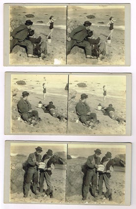 Lot of 15 comedic stereographic cards showing two men spying on a woman at the shore, ca. 1920