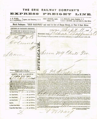 Item #z06922 The Erie Railway Company's Express Freight Line shipping document, 1867. Erie...