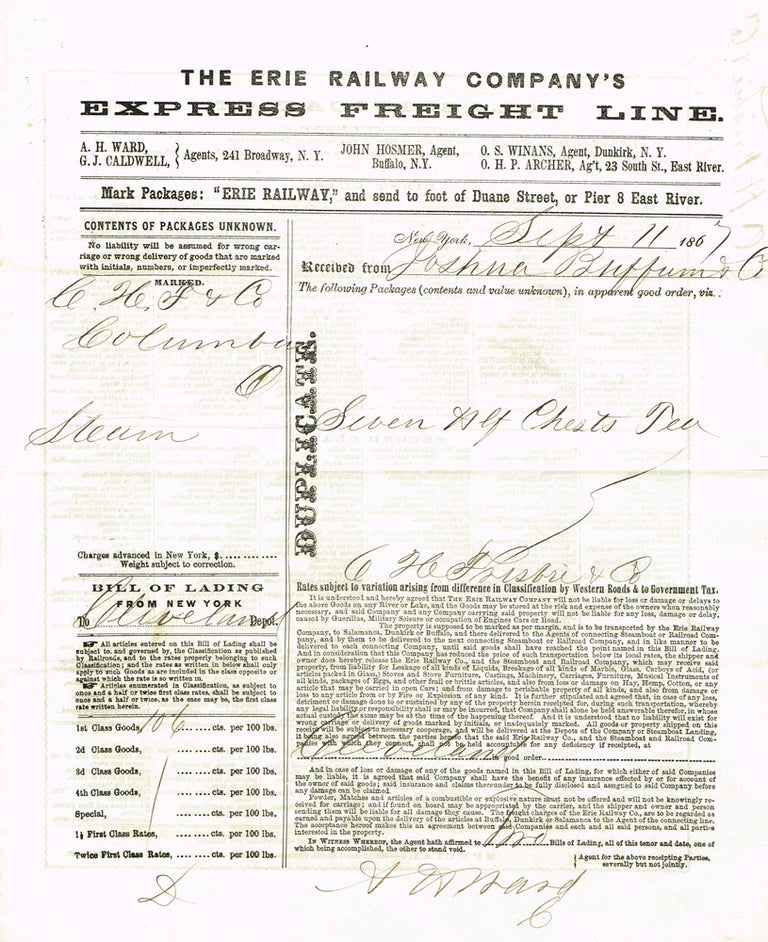 Item #z06922 The Erie Railway Company's Express Freight Line shipping document, 1867. Erie Railway Co.