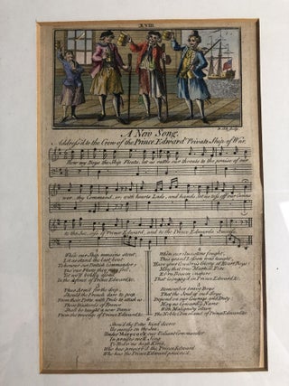 Two Framed Illustrated Song Sheets: 'A New Song. Address'd to the Crew of the Prince Edward Private Ship of War' and 'On a Lady Stung by a Bee: Set by Mr. Vincent...' from 'Orpheus Britannicus; or the Gentleman and Lady's Musical Museum: consisting of One Hundred favourite Songs, compiled from the ... Vocal Performances at the Theatres, Vaux-Hall, Mary-bone Gardens, Sadlers-Wells, or any other polite places of public Entertainmt...'