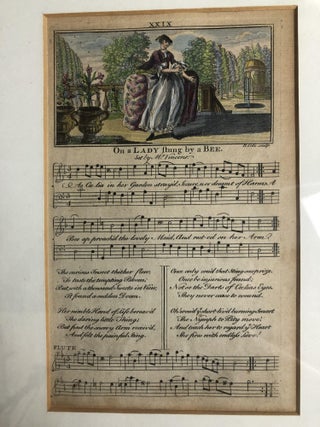 Two Framed Illustrated Song Sheets: 'A New Song. Address'd to the Crew of the Prince Edward Private Ship of War' and 'On a Lady Stung by a Bee: Set by Mr. Vincent...' from 'Orpheus Britannicus; or the Gentleman and Lady's Musical Museum: consisting of One Hundred favourite Songs, compiled from the ... Vocal Performances at the Theatres, Vaux-Hall, Mary-bone Gardens, Sadlers-Wells, or any other polite places of public Entertainmt...'