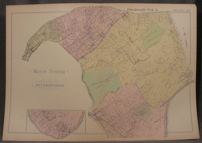 Item #z07882 Plat Map of the Water System Beneath the 16th, 20th, 22nd, and 23rd Wards of Pittsburgh. Pittsburgh Maps, Greenfield, Shadyside, Squirrel Hill, Oakland, Lawrenceville, Bloomfield, Oakland.